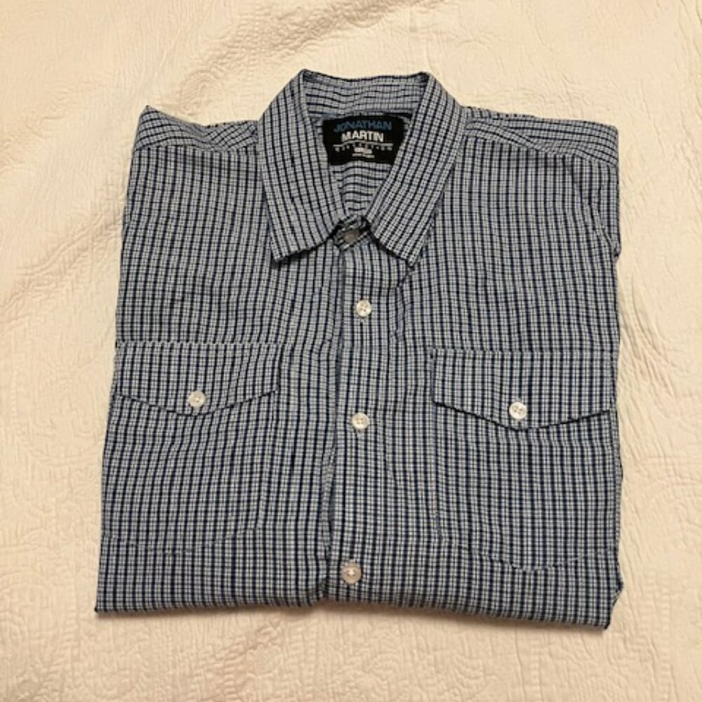 Jonathan Martin Men's Blue and White Checkered Button Down Shirt